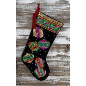 Black VELVET Plush SEQUIN Ornaments CHRISTMAS STOCKING BEAUTIFUL 18" Vintage